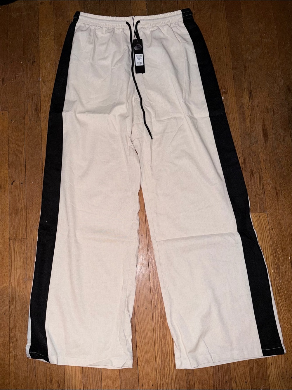 FASHION NOVA Cream Wide Leg Linen Pants with Black Side Stripes, Large